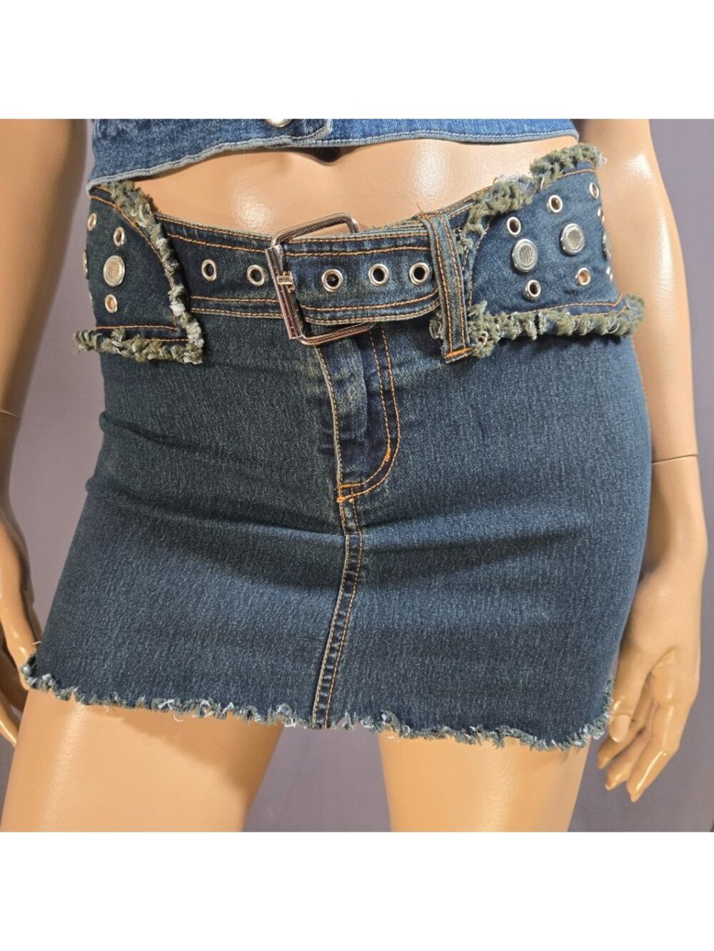 Y2K Belted Denim Micro mini Skirt With Grommets Distressed Hem Size 0 XS